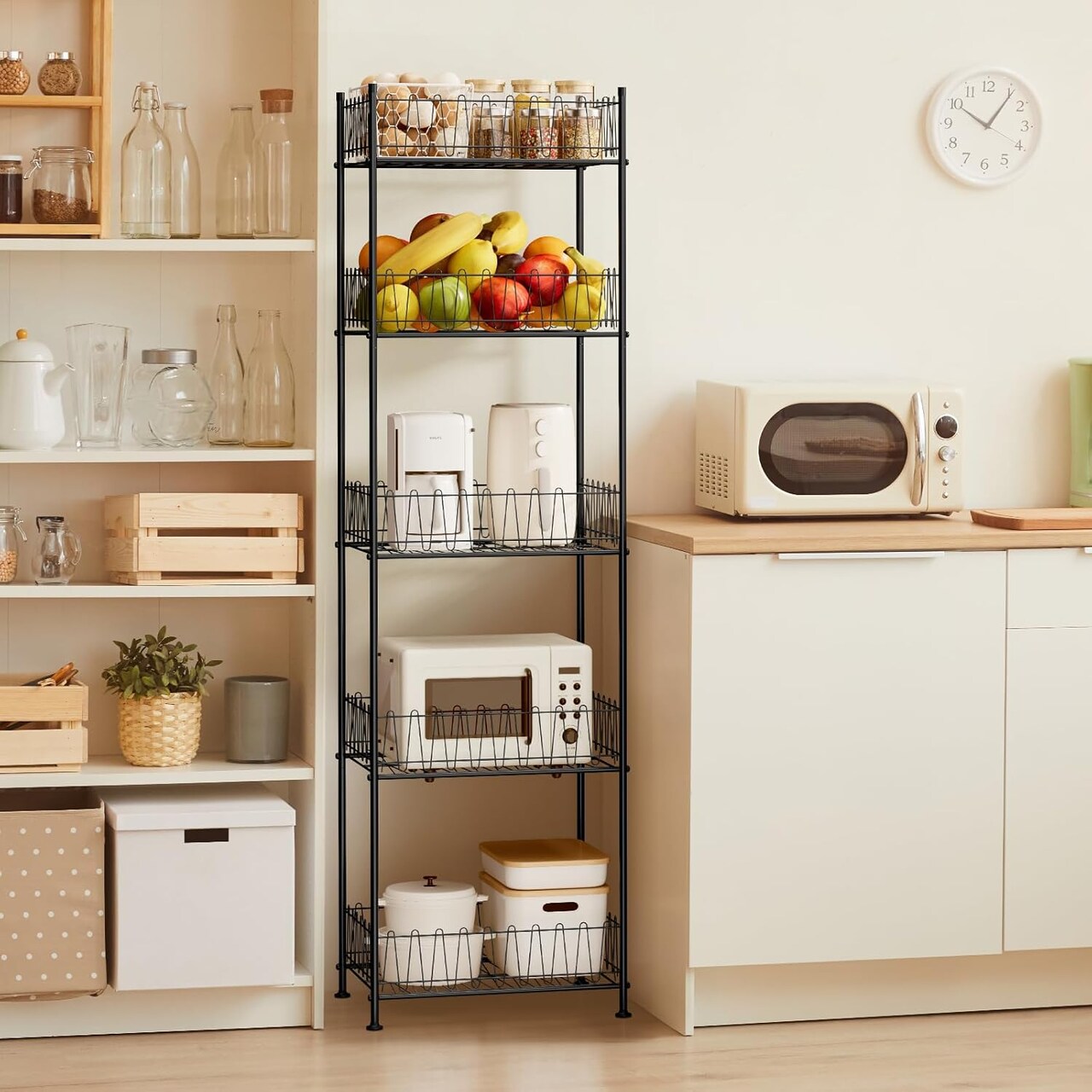 5-Tier Metal Water Bottle Organizer – Freestanding Floor Storage Rack with Adjustable Baffles, 60.6" Height, Space-Saving Beverage Shelf for Kitchen, Pantry, Living Room (Black)